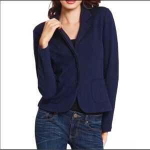 CAbi Navy Breakthrough Knit Black Trim 2 Pocket Soft Suiting Career Blazer L